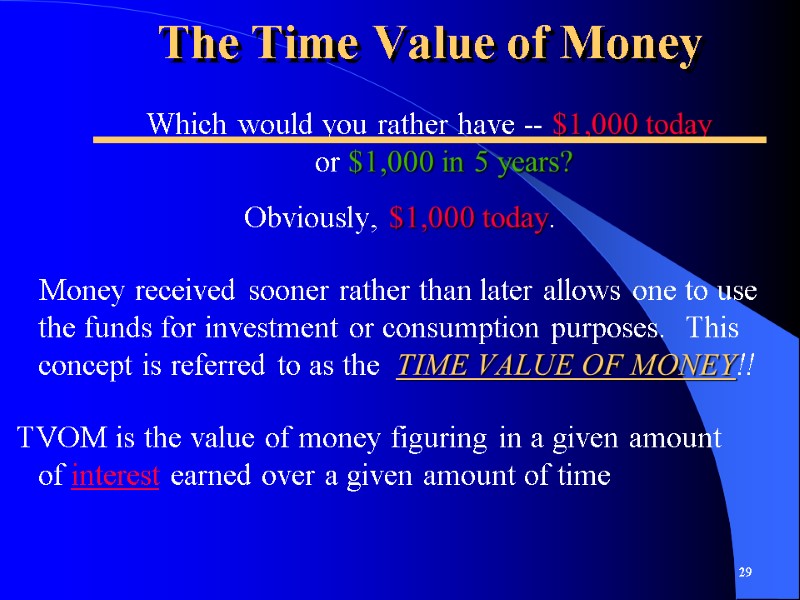 The Time Value of Money Obviously, $1,000 today.     Money received